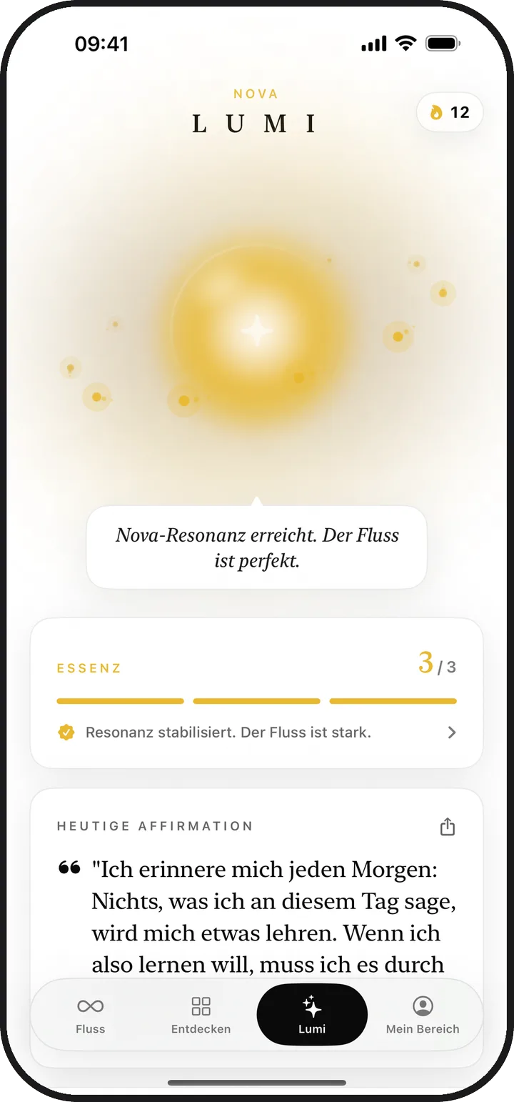 Der Lumi-Bildschirm in Kiyolu mit einem leuchtenden Licht und der heutigen Essenz