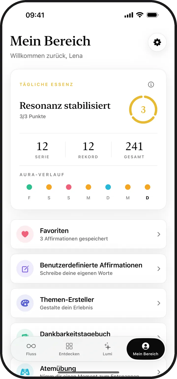 Der Bildschirm „Mein Bereich“ in Kiyolu mit täglicher Essenz, Serie und gespeicherten Inhalten