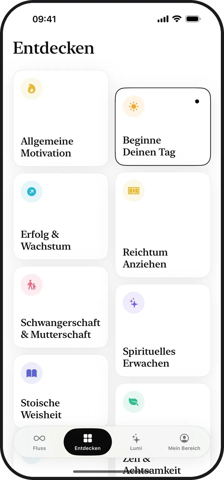 Der Bildschirm „Entdecken“ in Kiyolu mit dreizehn Affirmationskategorien