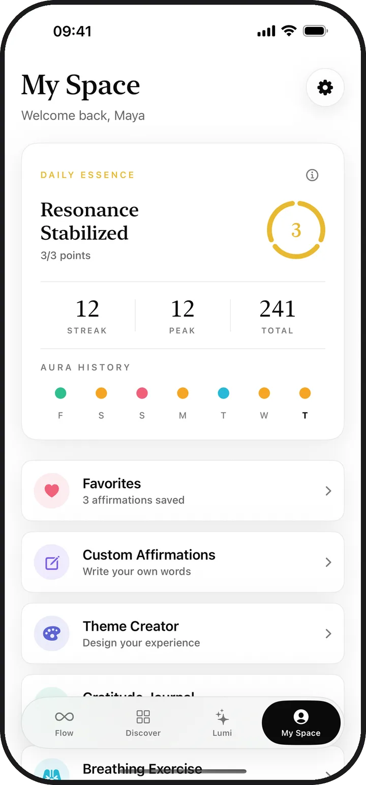 The My Space screen in Kiyolu showing daily essence, streak and saved items
