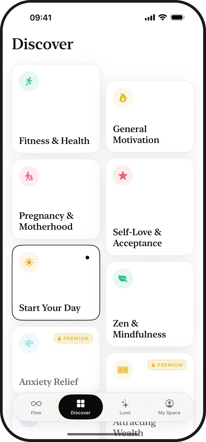 The Discover screen in Kiyolu showing thirteen affirmation categories