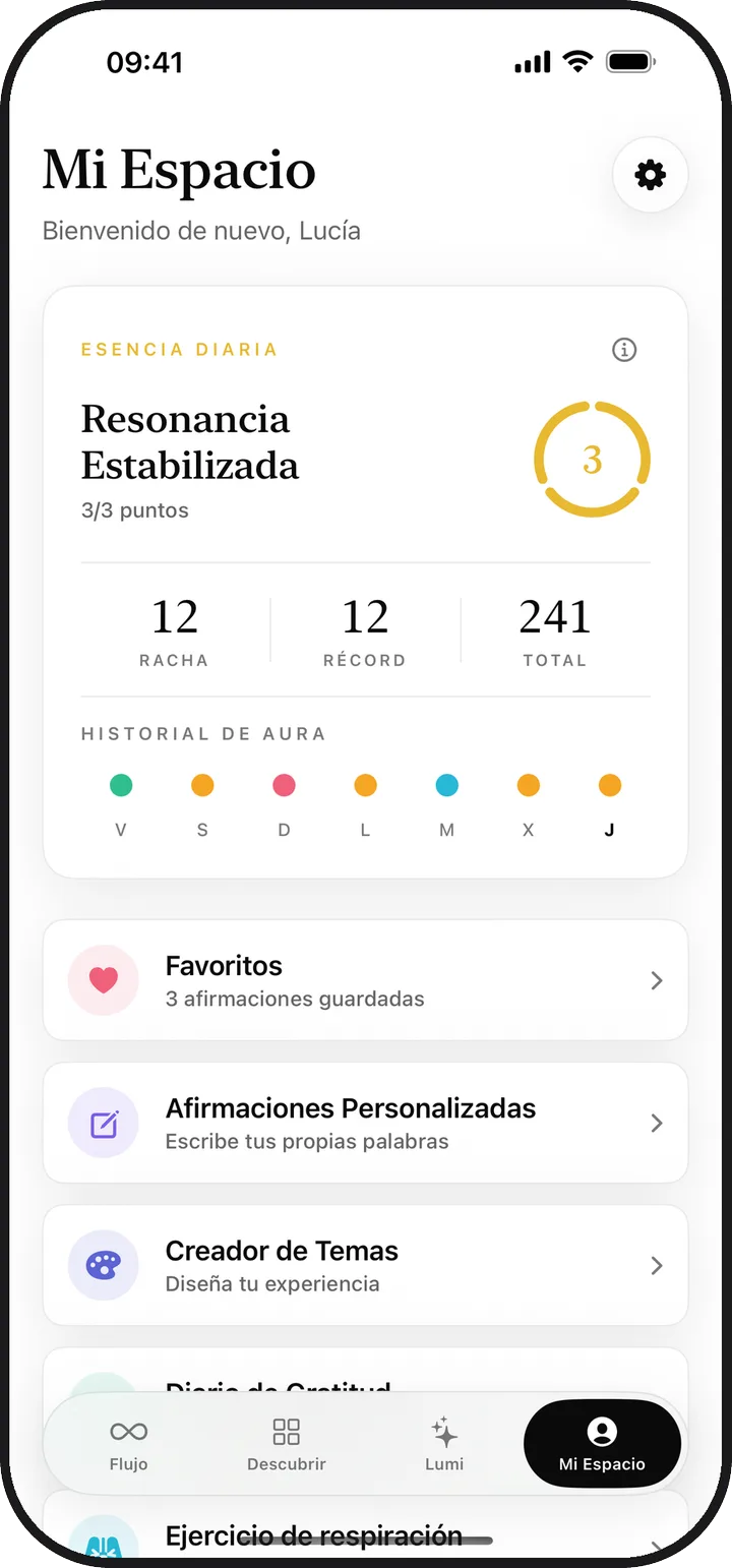 La pantalla Mi Espacio de Kiyolu con la esencia diaria, la racha y los elementos guardados