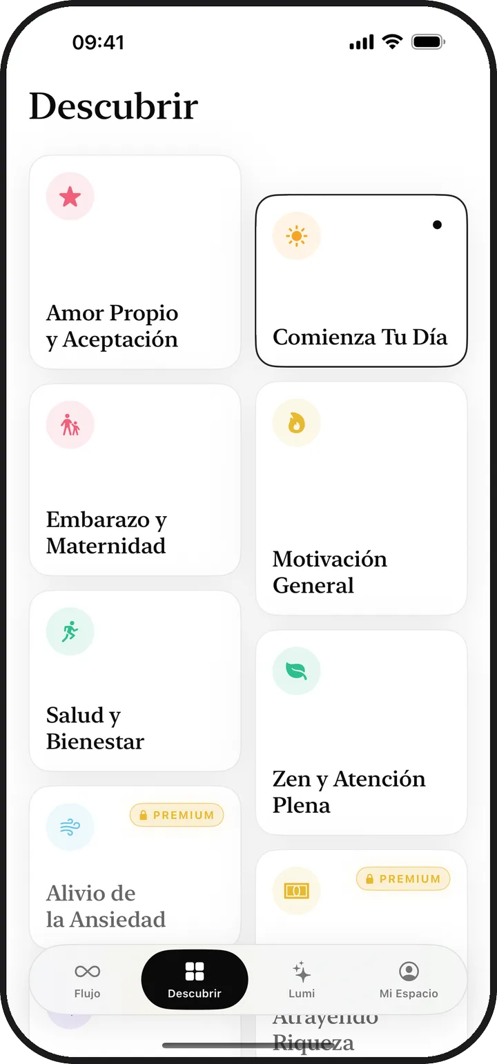 La pantalla Descubrir de Kiyolu con trece categorías de afirmaciones