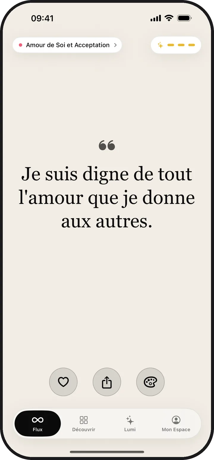 L'écran Flux de Kiyolu affichant une affirmation du jour
