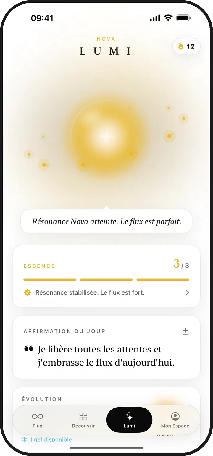 L'écran Lumi de Kiyolu avec une lumière scintillante et l'essence du jour