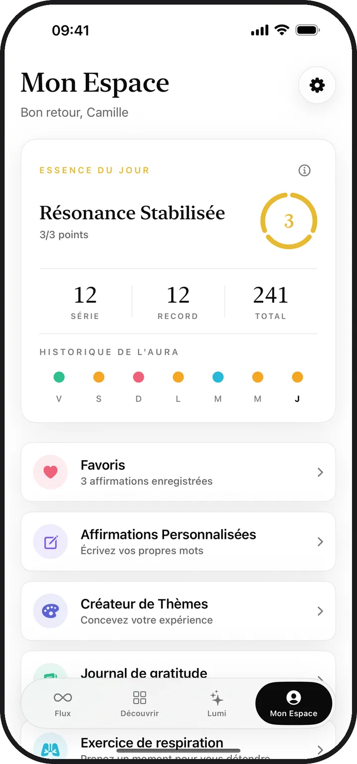 L'écran Mon Espace de Kiyolu avec l'essence du jour, la série et les éléments enregistrés