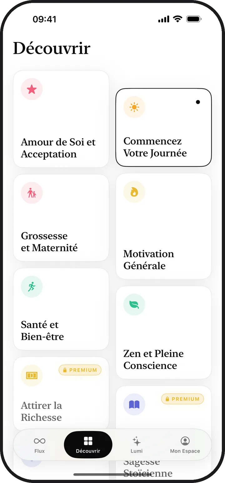 L'écran Découvrir de Kiyolu avec treize catégories d'affirmations