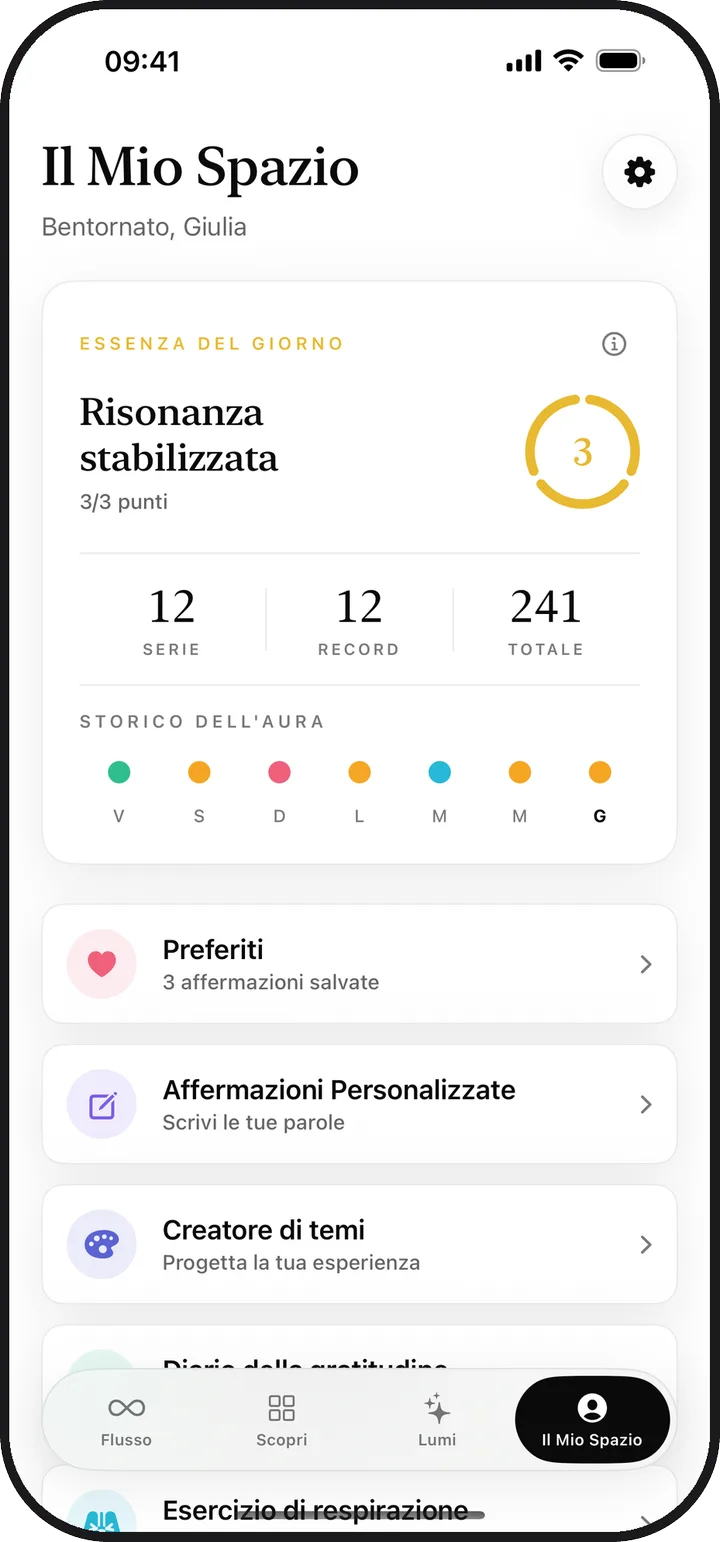 La schermata Il Mio Spazio di Kiyolu con l'essenza del giorno, la serie e gli elementi salvati