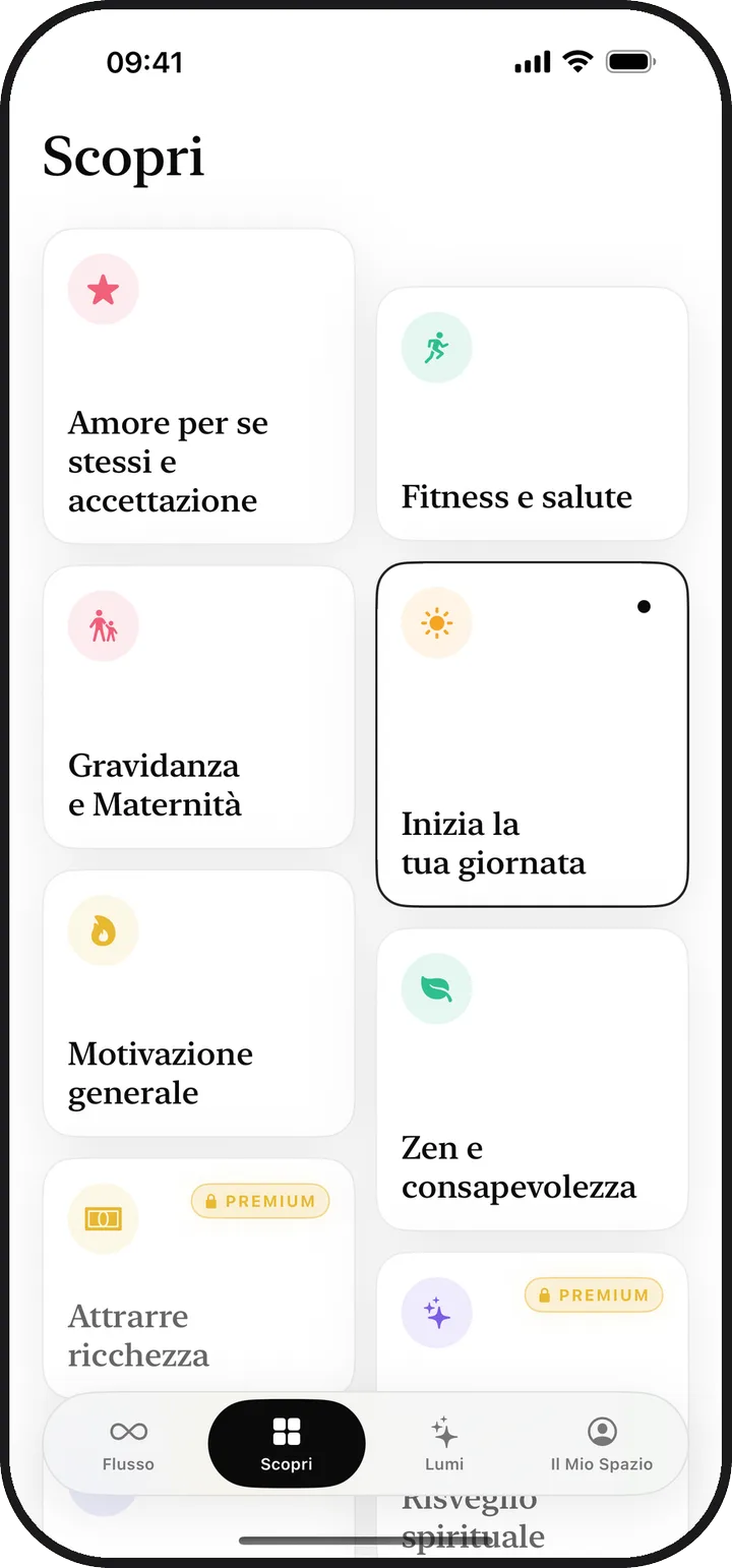 La schermata Scopri di Kiyolu con tredici categorie di affermazioni