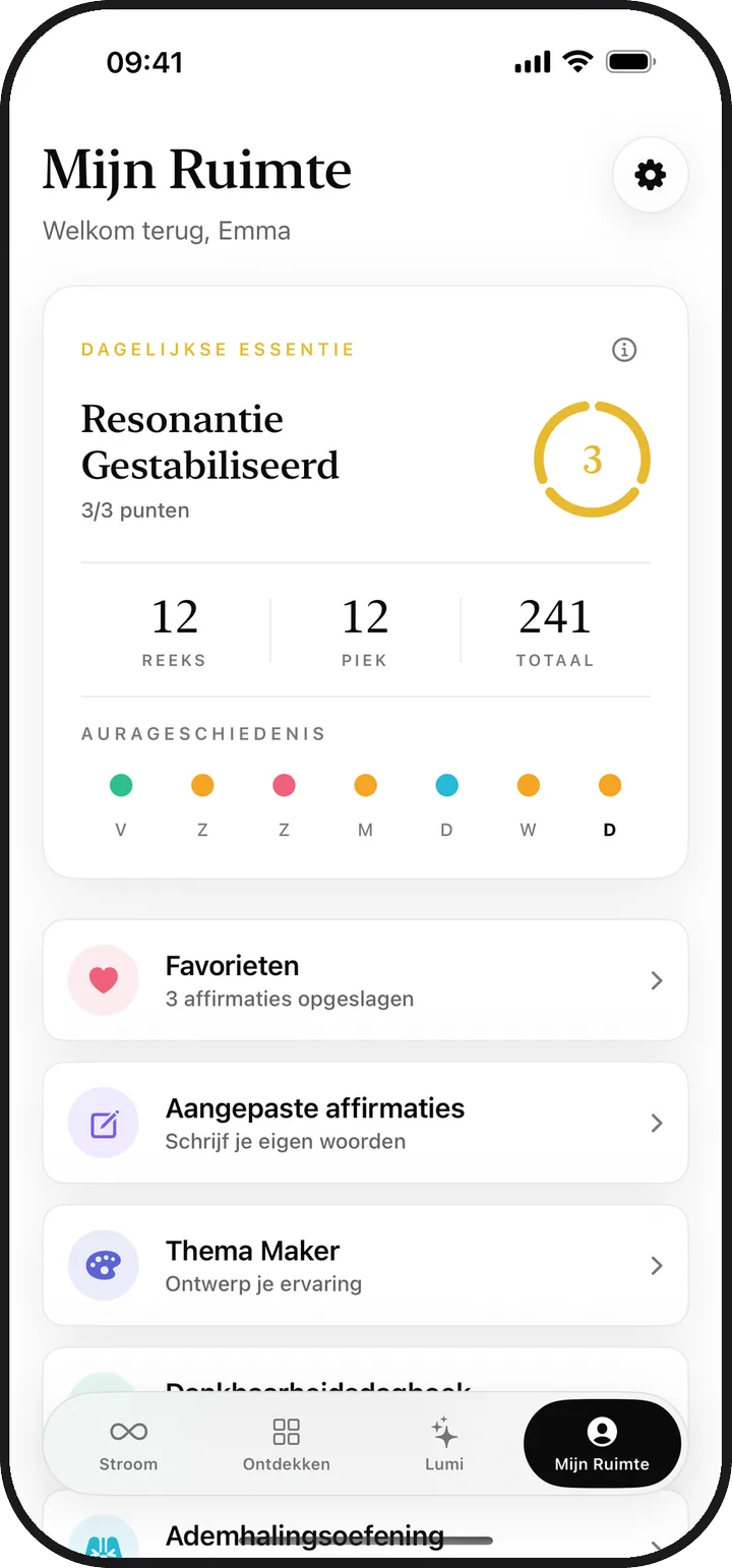 Het scherm Mijn Ruimte in Kiyolu met dagelijkse essentie, reeks en bewaarde items