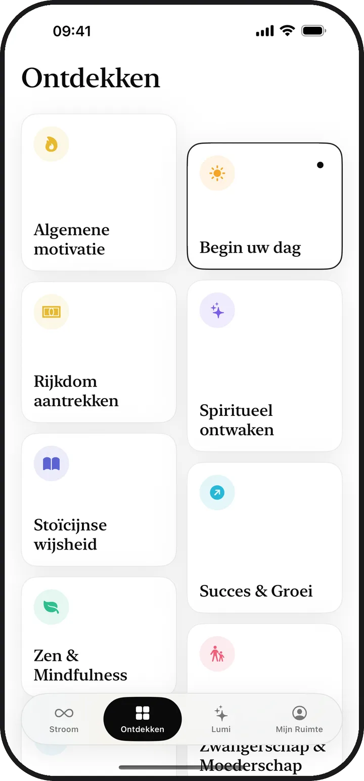 Het Ontdekken-scherm in Kiyolu met dertien categorieën affirmaties