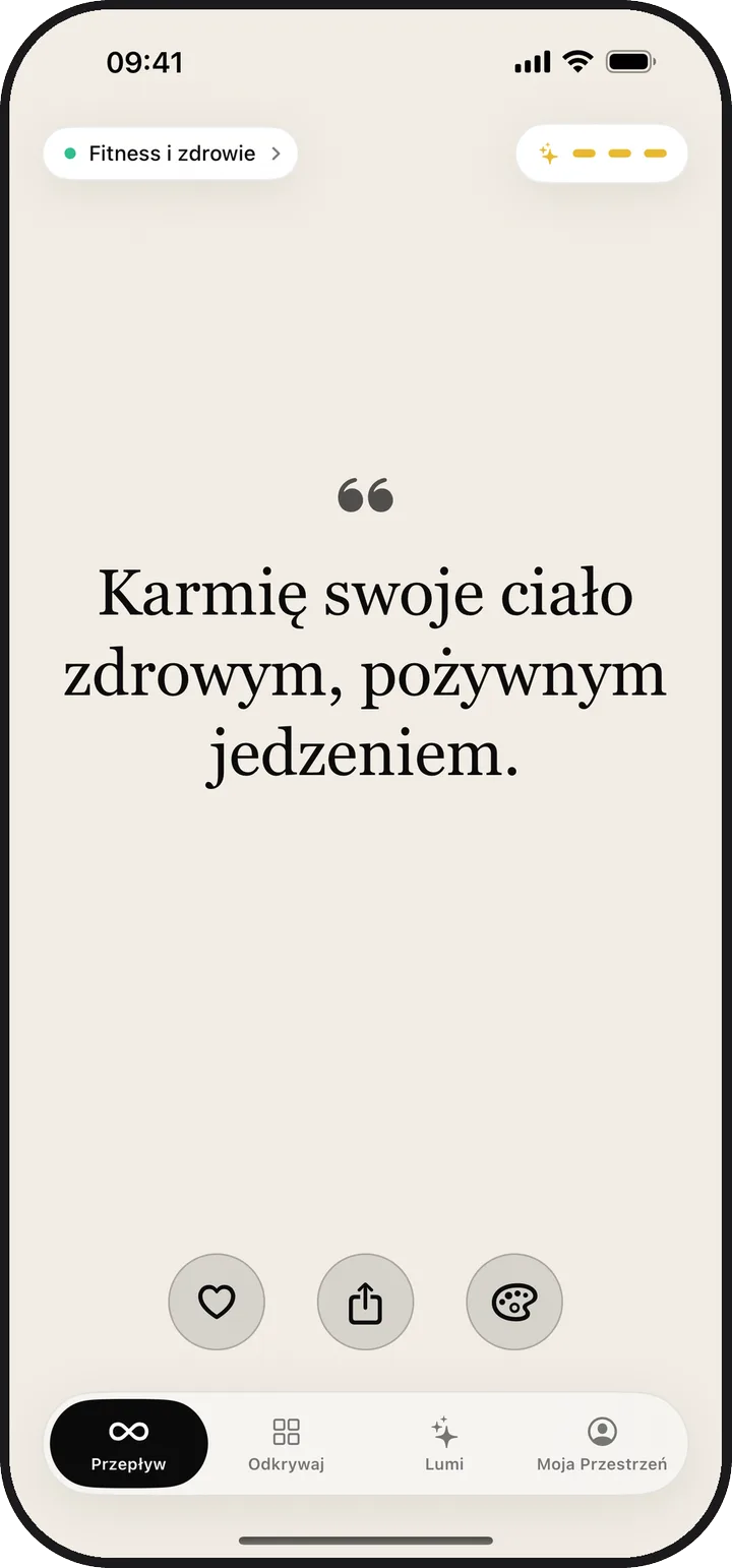Ekran Przepływ w aplikacji Kiyolu z codzienną afirmacją