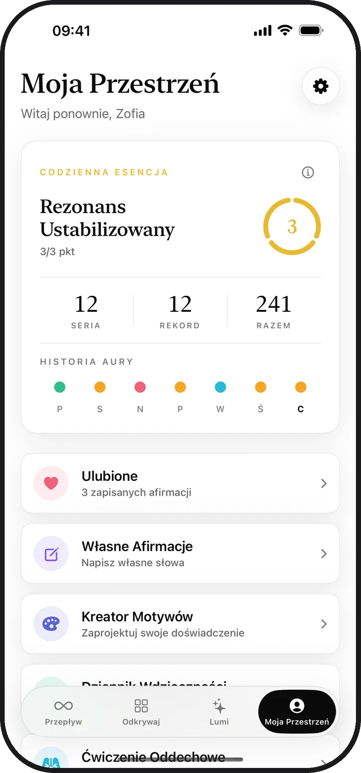 Ekran Moja Przestrzeń w aplikacji Kiyolu z codzienną esencją, serią i zapisanymi elementami