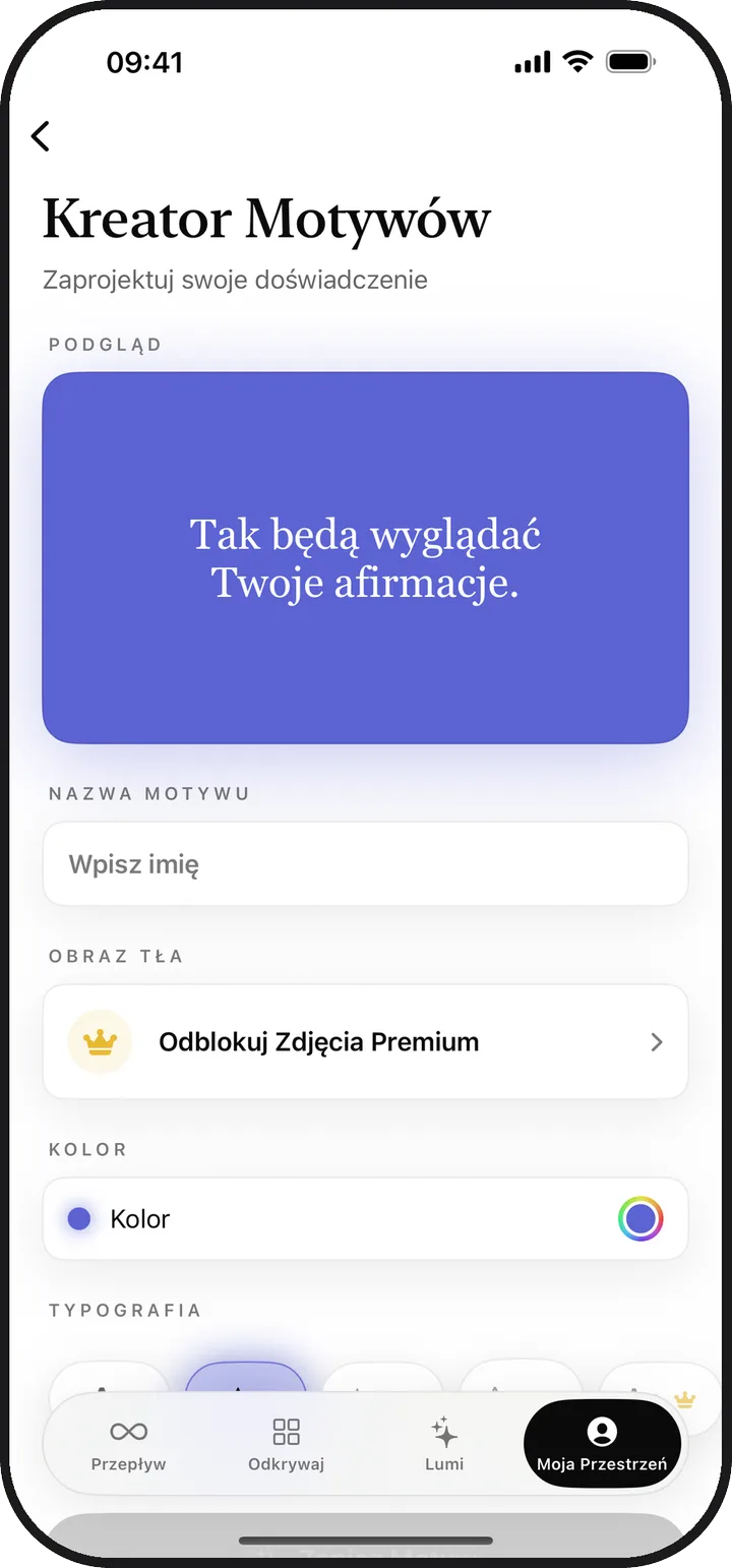 Kreator Motywów w aplikacji Kiyolu z podglądem własnego motywu
