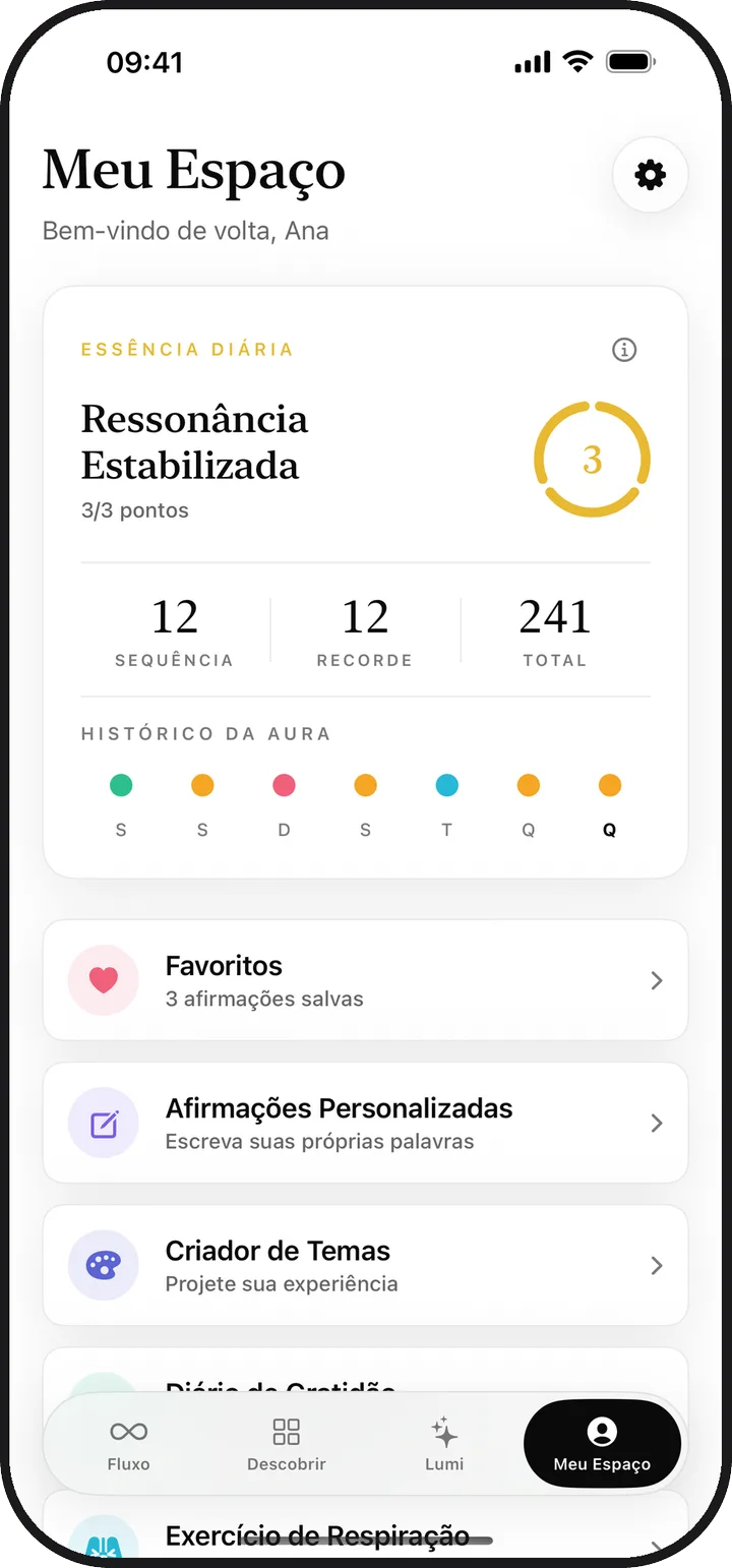 A tela Meu Espaço do Kiyolu com a essência diária, a sequência e os itens salvos