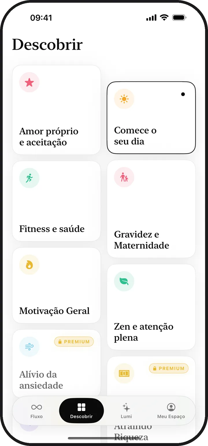 A tela Descobrir do Kiyolu mostrando treze categorias de afirmações