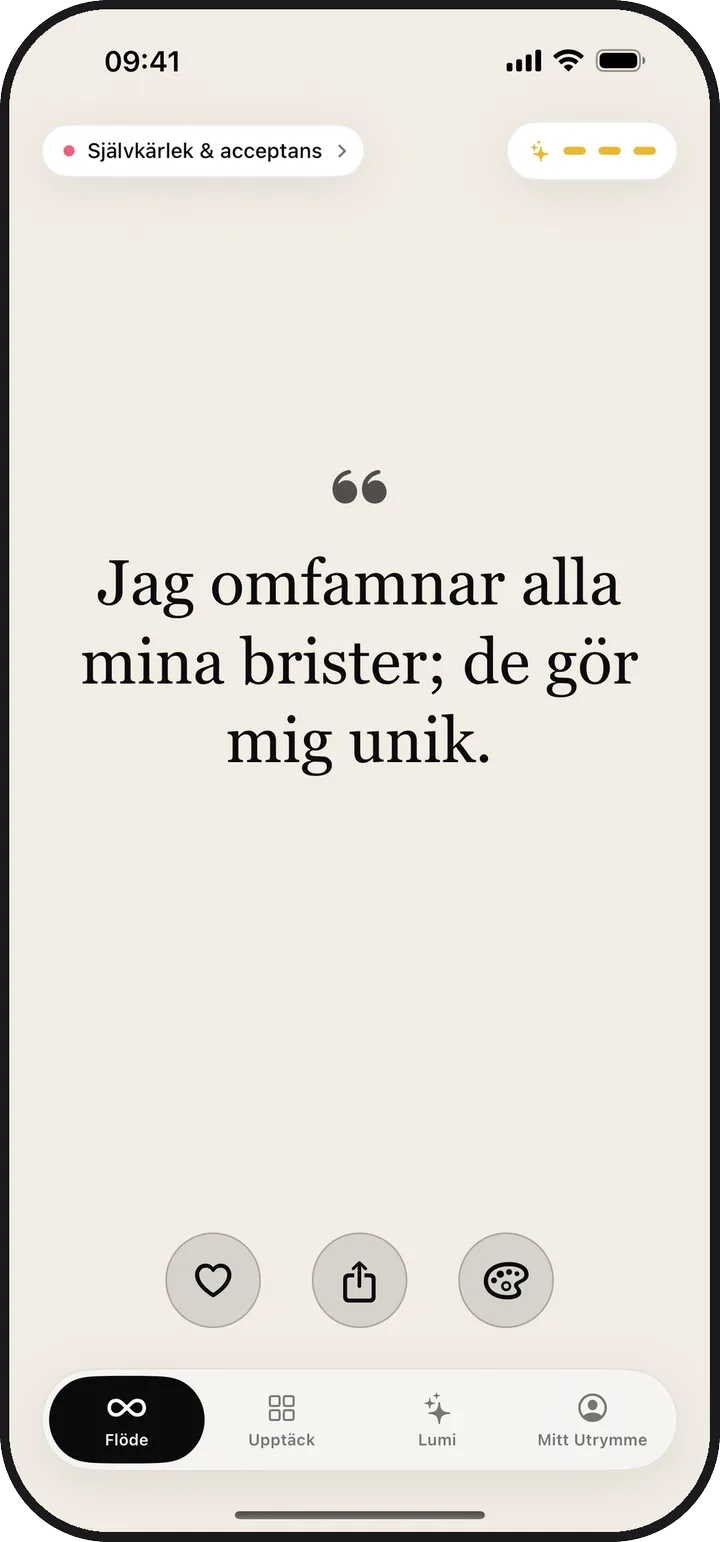 Skärmen Flöde i Kiyolu med en daglig affirmation