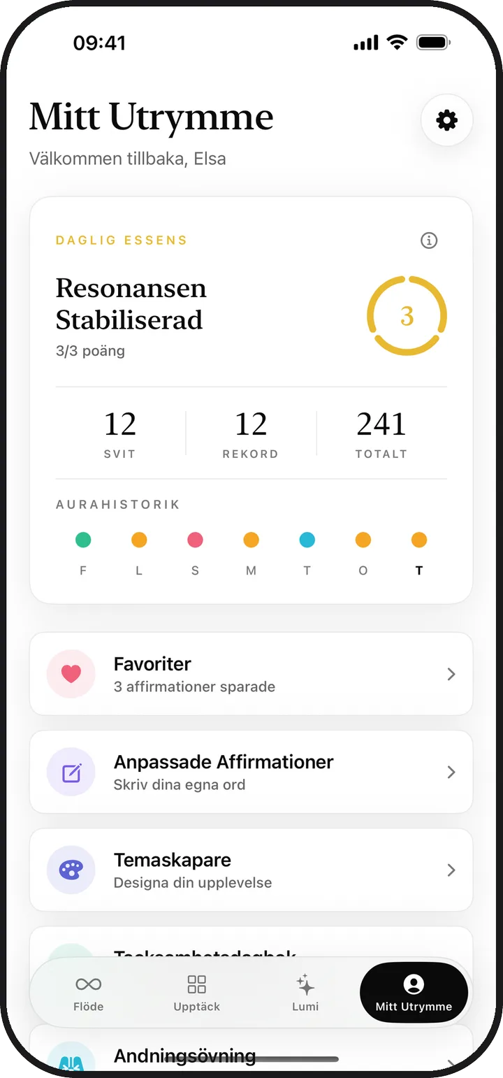 Skärmen Mitt Utrymme i Kiyolu med daglig essens, svit och sparade objekt