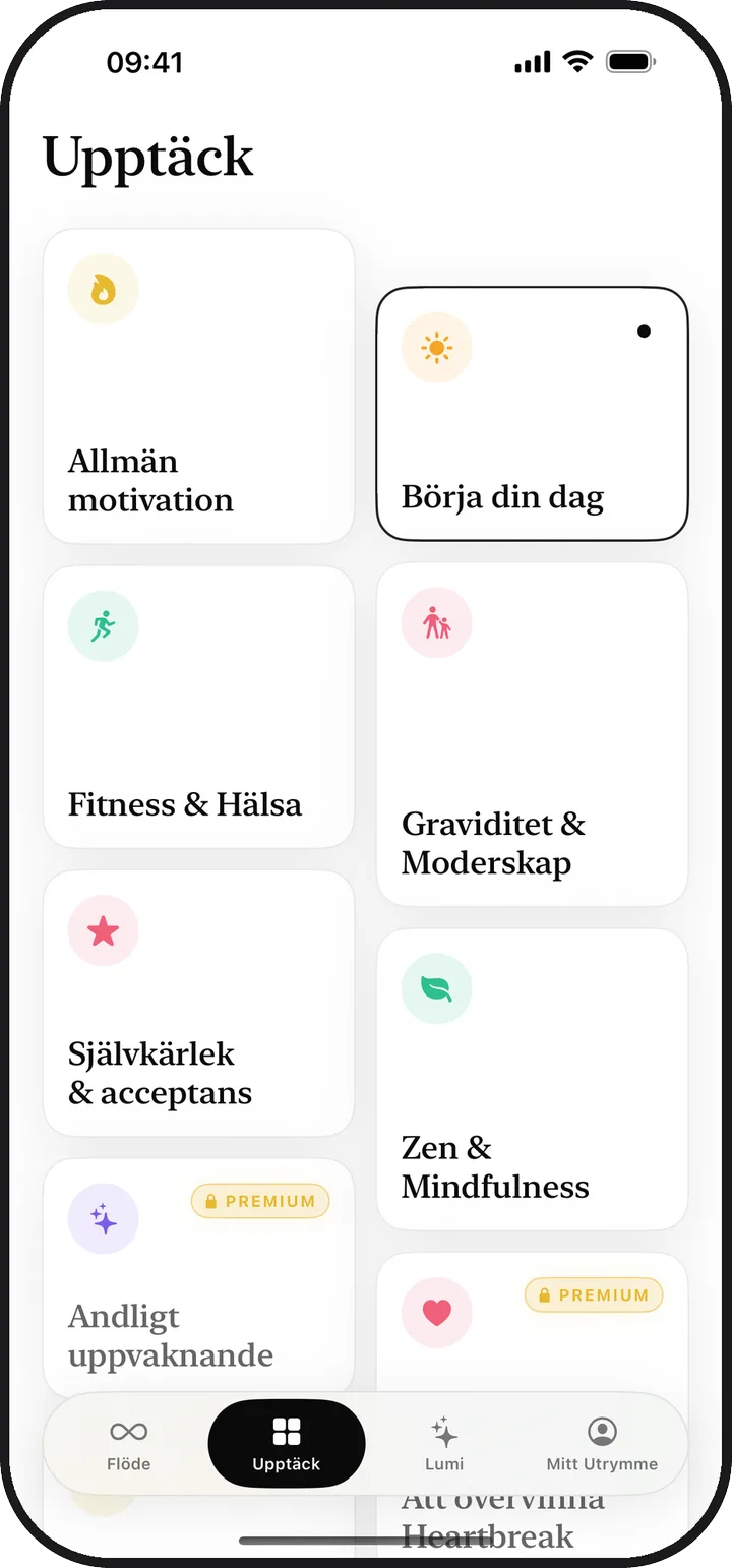 Skärmen Upptäck i Kiyolu med tretton kategorier av affirmationer