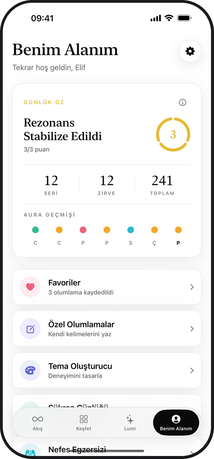 Kiyolu'daki Benim Alanım ekranında günlük öz, seri ve kaydedilenler