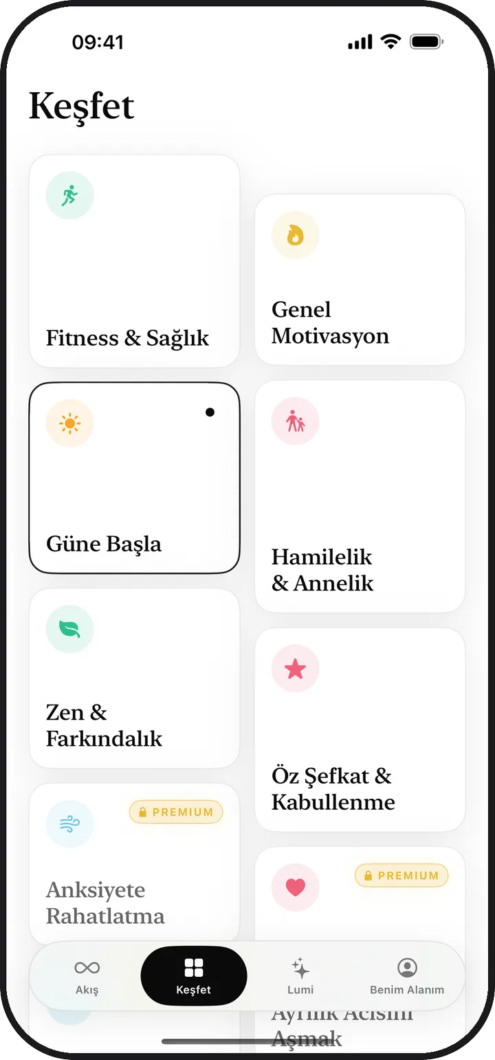 Kiyolu'daki Keşfet ekranında on üç olumlama kategorisi